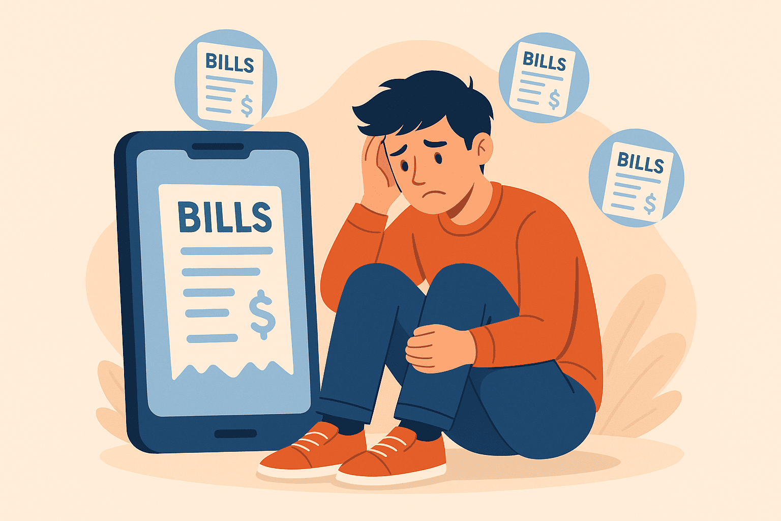 Ilustrasi generasi muda yang stres karena terjerat pinjaman online, dengan simbol smartphone dan tagihan.