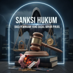 Ilustrasi peminjam yang melihat notifikasi tagihan pinjol dengan simbol hukum di latar belakang