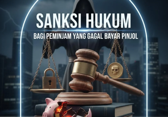 Ilustrasi peminjam yang melihat notifikasi tagihan pinjol dengan simbol hukum di latar belakang
