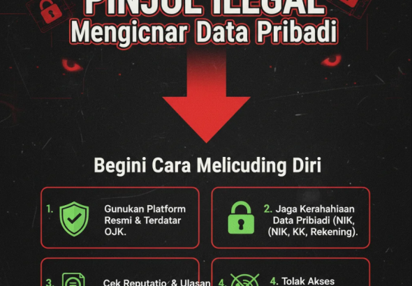 Ilustrasi tangan digital mencuri data pribadi dari smartphone dengan simbol peringatan keamanan.