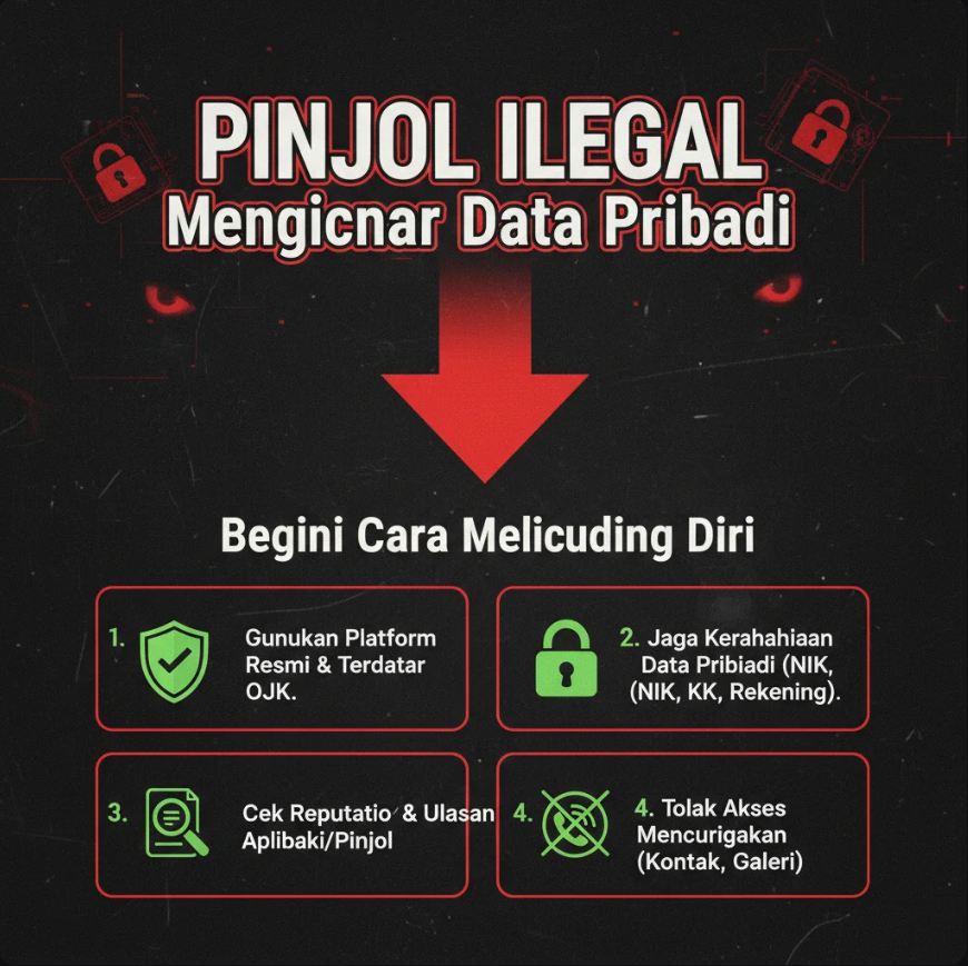 Ilustrasi tangan digital mencuri data pribadi dari smartphone dengan simbol peringatan keamanan.