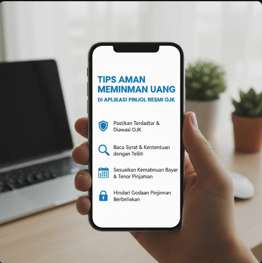 Ilustrasi pengguna mengecek aplikasi pinjaman online resmi OJK di smartphone dengan ikon keamanan digital.