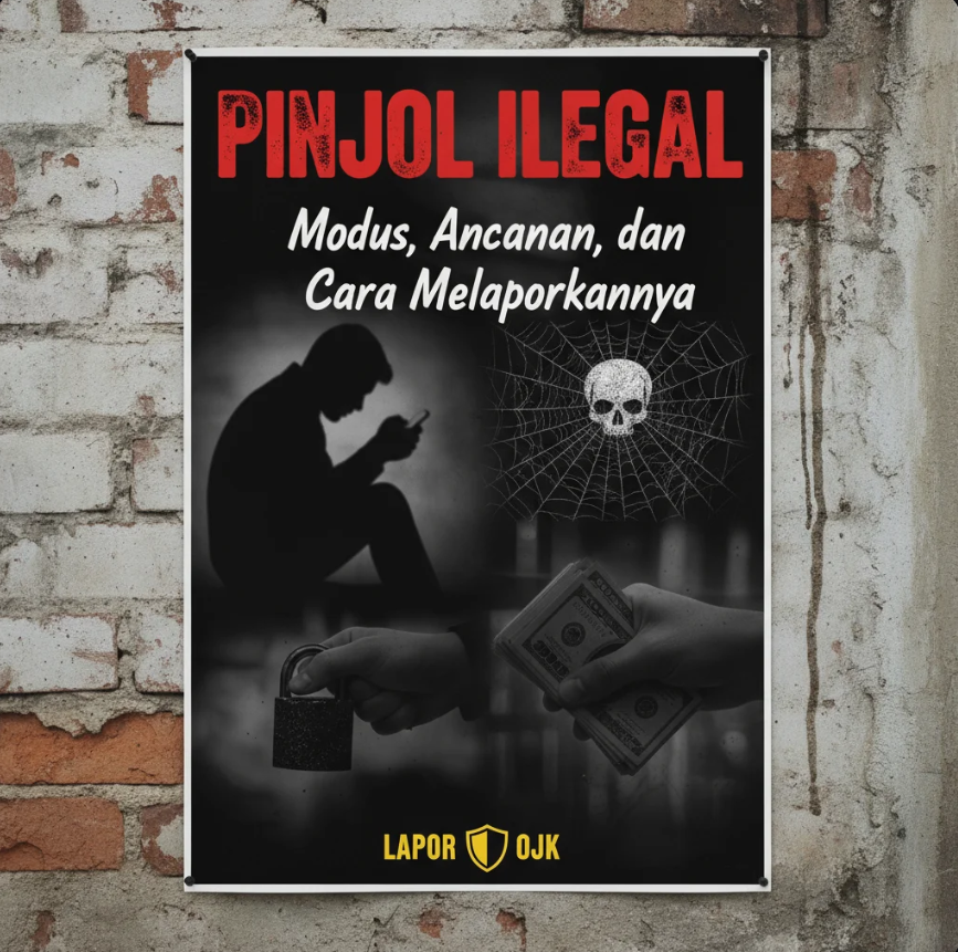 Ilustrasi smartphone menampilkan notifikasi penagihan agresif, dengan simbol peringatan merah di layar.