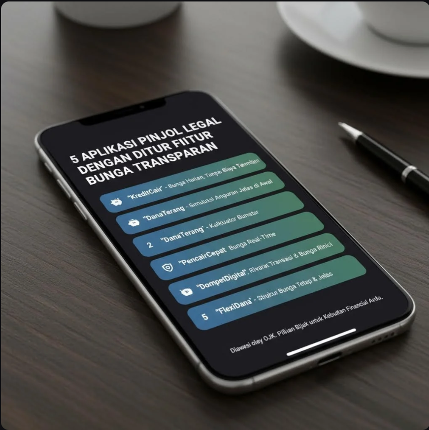 Ilustrasi aplikasi pinjol legal dengan tampilan simulasi bunga dan biaya yang transparan.