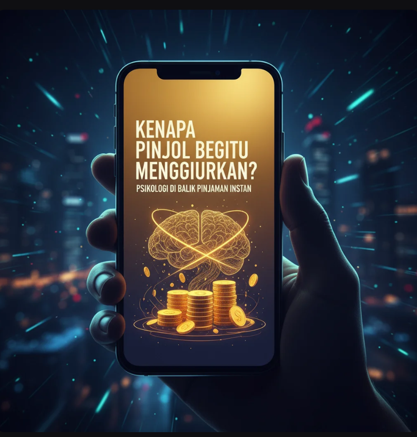 Ilustrasi pengguna smartphone dengan ikon pinjaman online dan simbol otak yang menunjukkan keputusan emosional.
