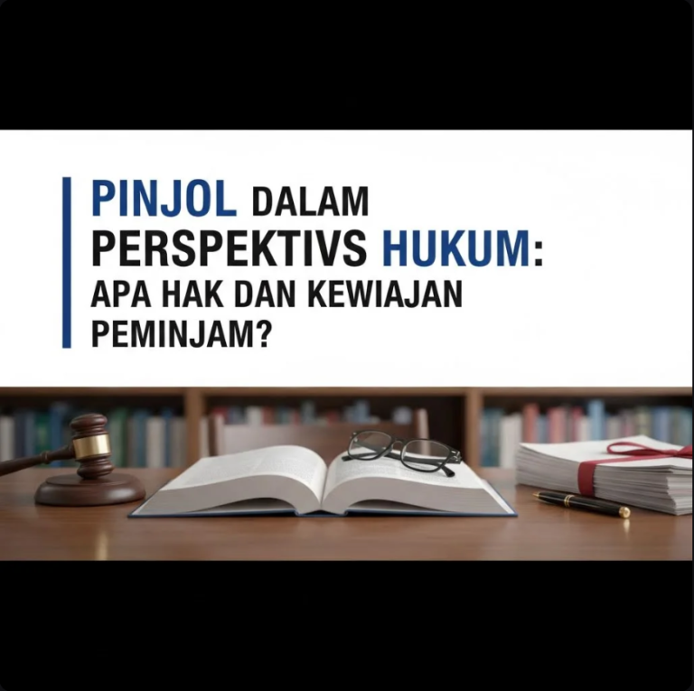 Ilustrasi hukum pinjaman online dengan dokumen legal, timbangan hukum, dan aplikasi fintech.