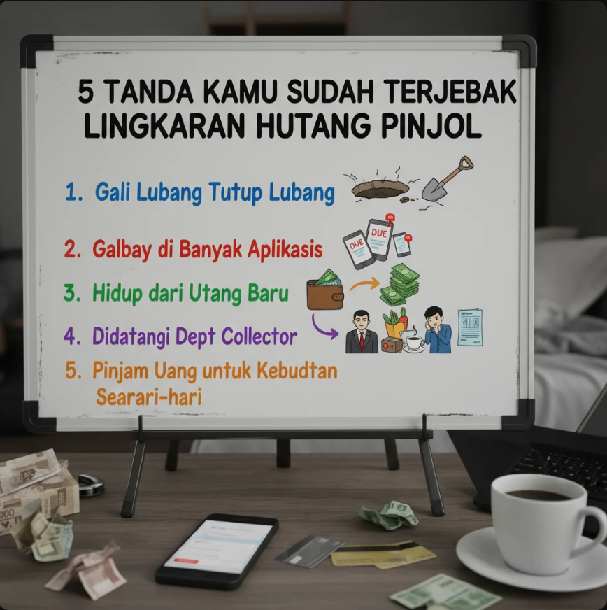 Ilustrasi seseorang duduk di depan laptop dengan ikon pinjaman online mengelilinginya, menggambarkan tekanan finansial akibat hutang pinjol.