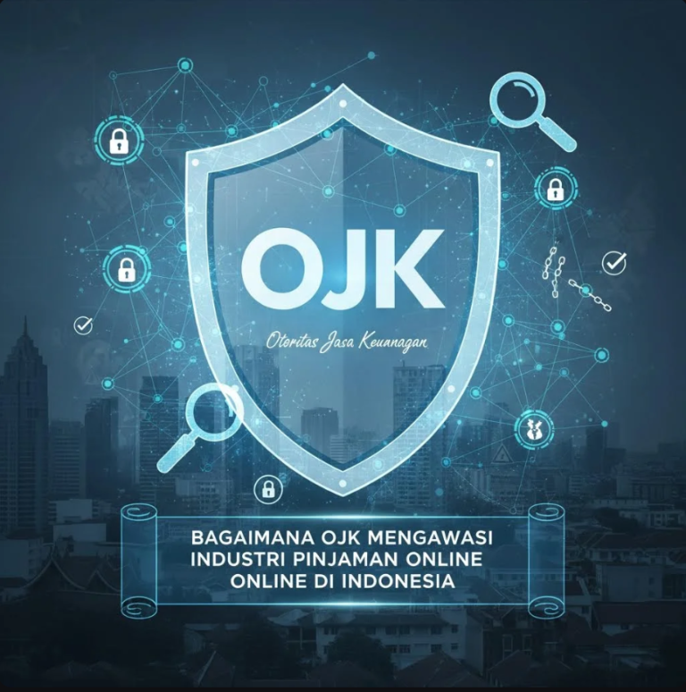 Gedung OJK dengan simbol perlindungan konsumen terhadap layanan pinjaman online.