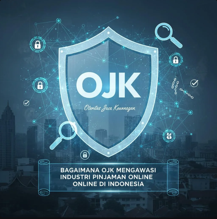 Gedung OJK dengan simbol perlindungan konsumen terhadap layanan pinjaman online.