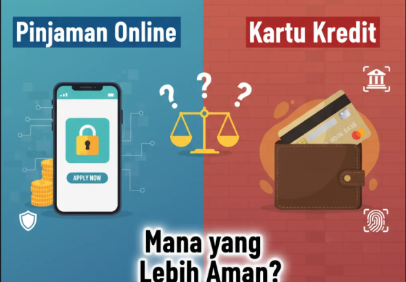 Perbandingan antara kartu kredit dan aplikasi pinjaman online di layar smartphone dengan latar meja kerja minimalis.