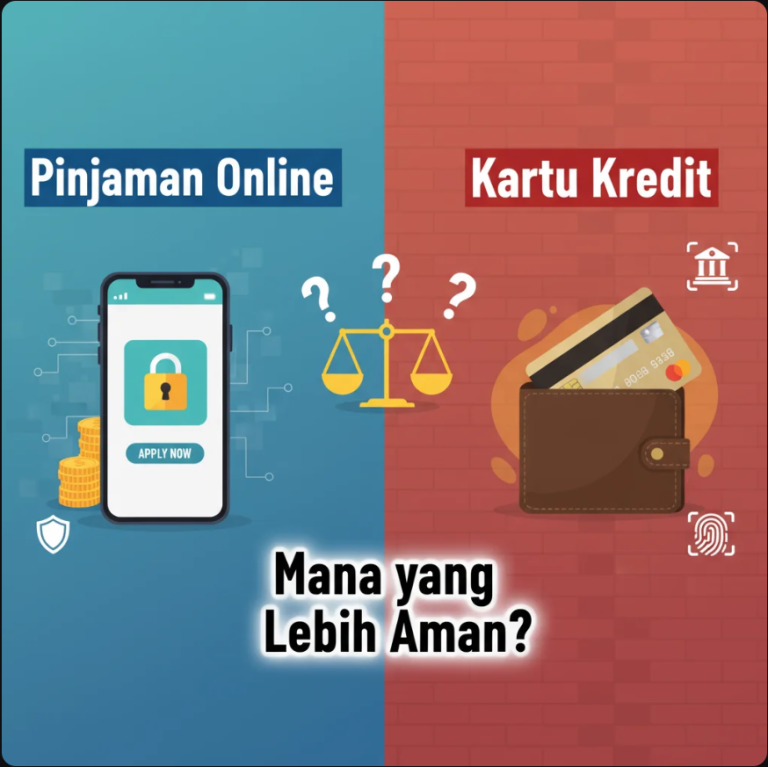 Perbandingan antara kartu kredit dan aplikasi pinjaman online di layar smartphone dengan latar meja kerja minimalis.