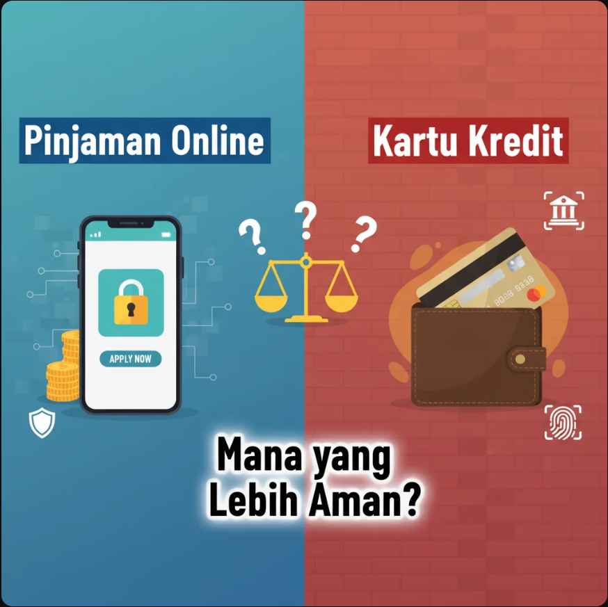 Perbandingan antara kartu kredit dan aplikasi pinjaman online di layar smartphone dengan latar meja kerja minimalis.
