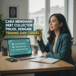 Ilustrasi seseorang berbicara tenang dengan petugas penagihan di depan rumah dalam suasana profesional dan aman.