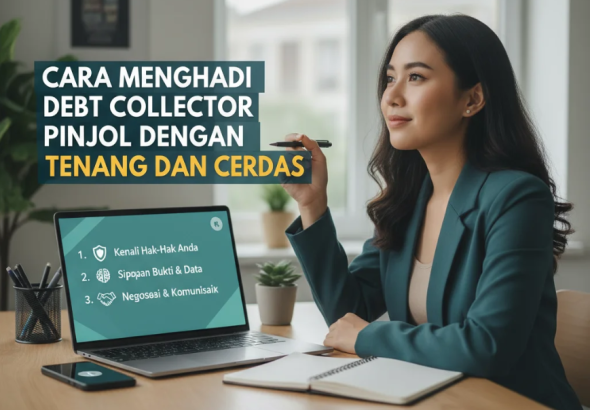 Ilustrasi seseorang berbicara tenang dengan petugas penagihan di depan rumah dalam suasana profesional dan aman.