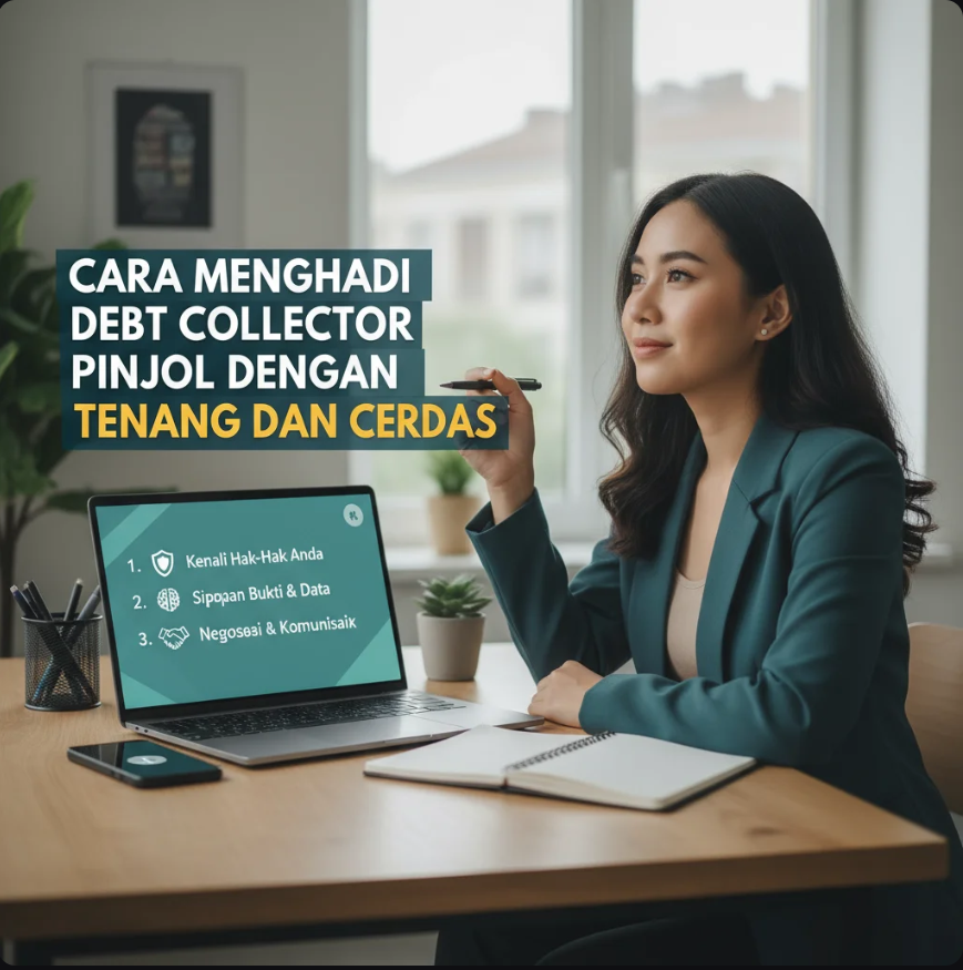 Ilustrasi seseorang berbicara tenang dengan petugas penagihan di depan rumah dalam suasana profesional dan aman.