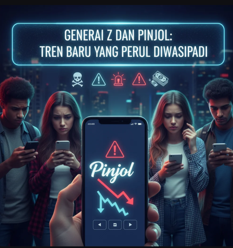 Ilustrasi anak muda memegang smartphone dengan simbol pinjaman online dan risiko finansial.