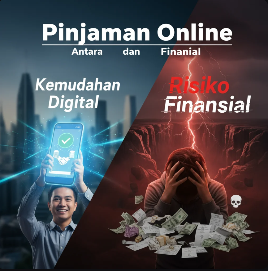 Ilustrasi tangan memegang smartphone dengan ikon pinjaman digital dan simbol keamanan data finansial.