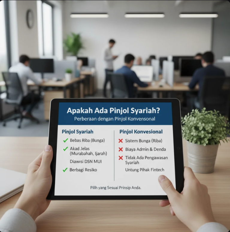 Ilustrasi perbandingan pinjol syariah dan pinjol konvensional dengan simbol keuangan digital.