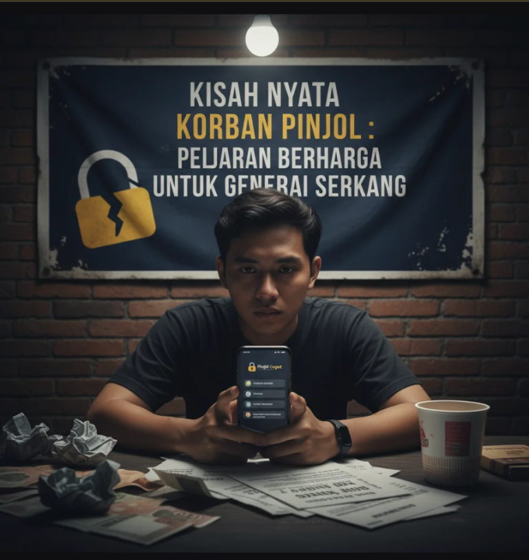 Seseorang duduk di depan laptop dengan ekspresi stres, dikelilingi notifikasi pinjaman online di layar ponsel.
