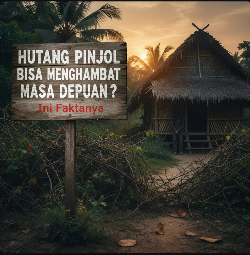 Ilustrasi seseorang yang tertekan memikirkan hutang pinjol dengan latar angka tagihan.