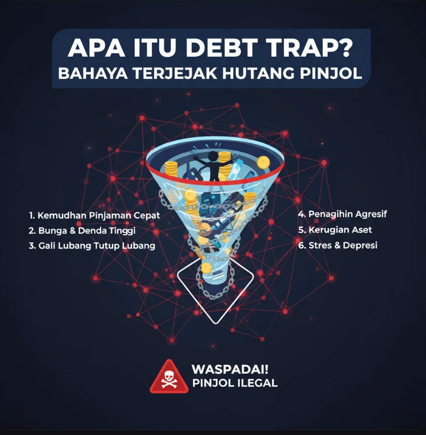 Siluet seseorang duduk di depan layar ponsel dengan simbol hutang digital mengelilinginya.