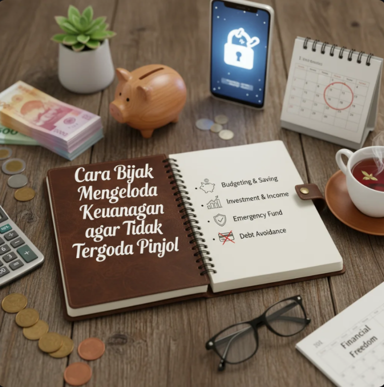 Seseorang sedang mencatat pengeluaran bulanan dengan kalkulator dan laptop untuk menghindari pinjaman online.