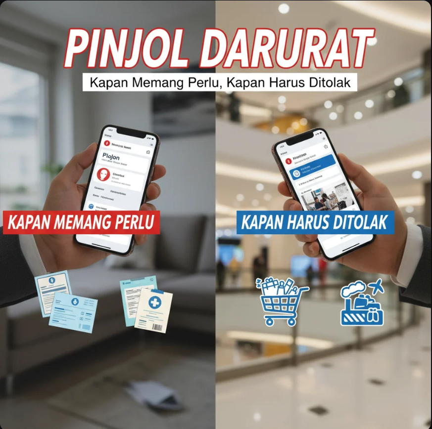 Ilustrasi keputusan bijak antara menggunakan pinjol darurat atau menolak pinjaman