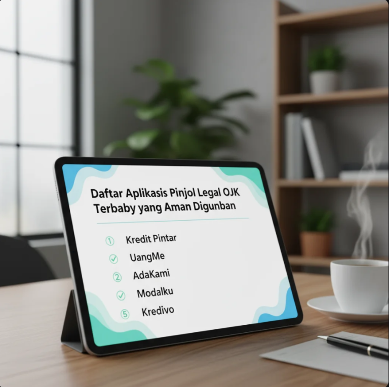 Tampilan smartphone yang menampilkan daftar aplikasi pinjol legal OJK dengan ikon verifikasi hijau.
