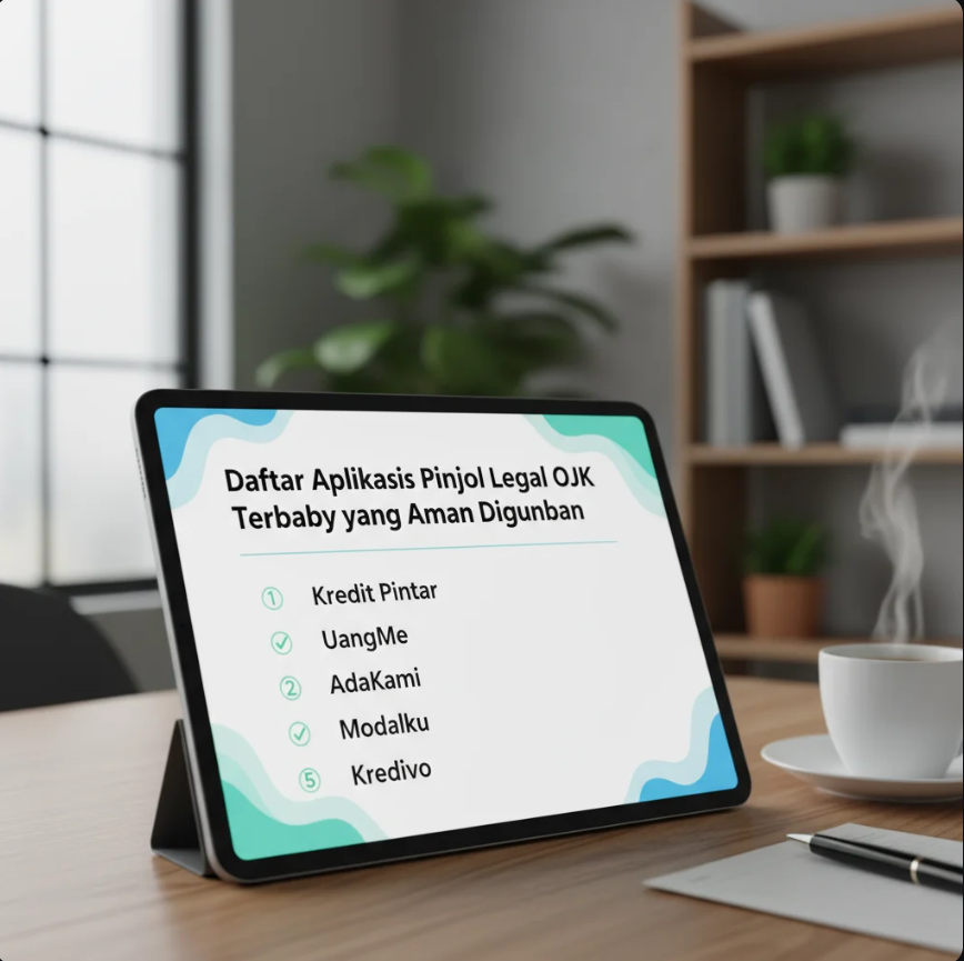 Tampilan smartphone yang menampilkan daftar aplikasi pinjol legal OJK dengan ikon verifikasi hijau.