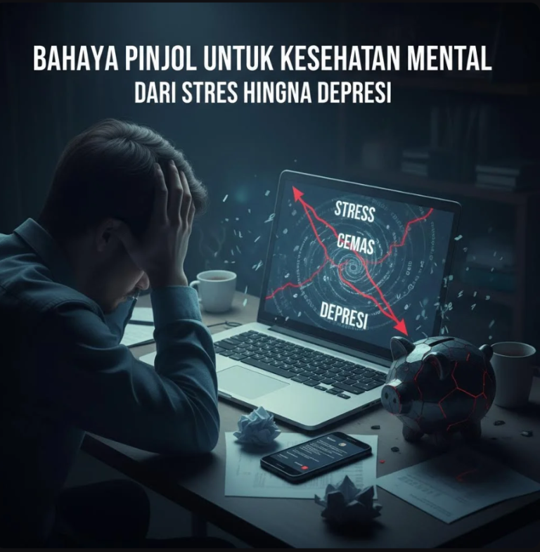 Ilustrasi seseorang mengalami stres di depan layar ponsel dengan notifikasi pinjaman online
