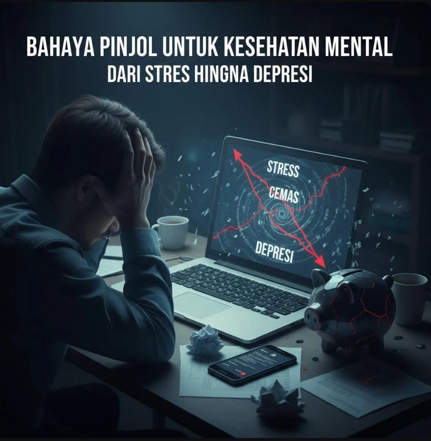 Ilustrasi seseorang mengalami stres di depan layar ponsel dengan notifikasi pinjaman online