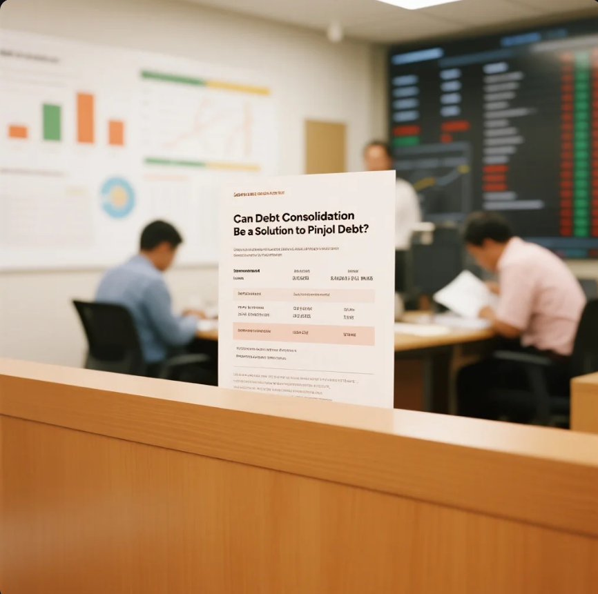 Ilustrasi seseorang menghitung hutang pinjol dan mempertimbangkan debt consolidation