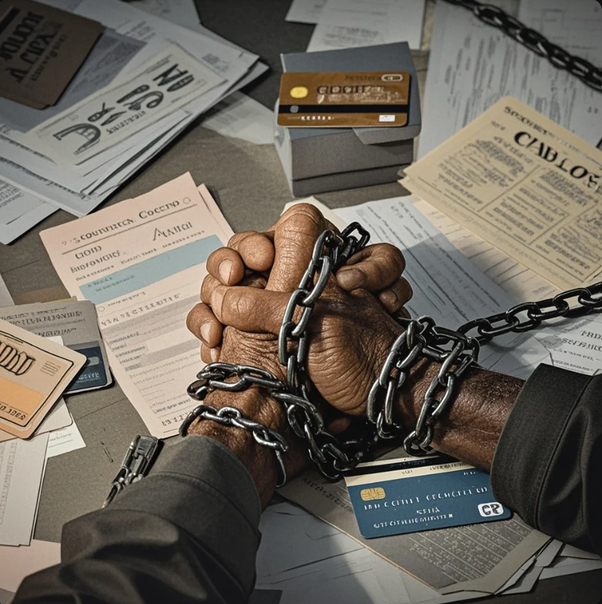 Seseorang memegang ponsel dengan notifikasi tagihan, tampak cemas, sementara bayangan orang-orang di belakang menggambarkan stigma sosial