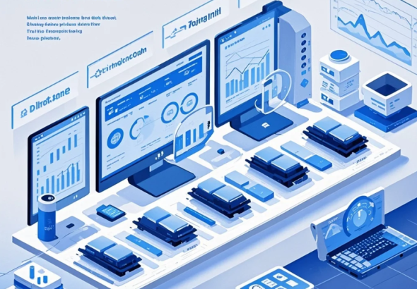 Ilustrasi dashboard analitik dengan grafik risiko kredit dan data peminjam di layar komputer