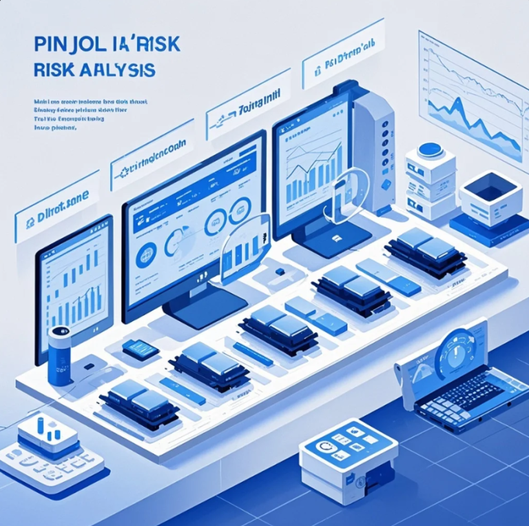 Ilustrasi dashboard analitik dengan grafik risiko kredit dan data peminjam di layar komputer
