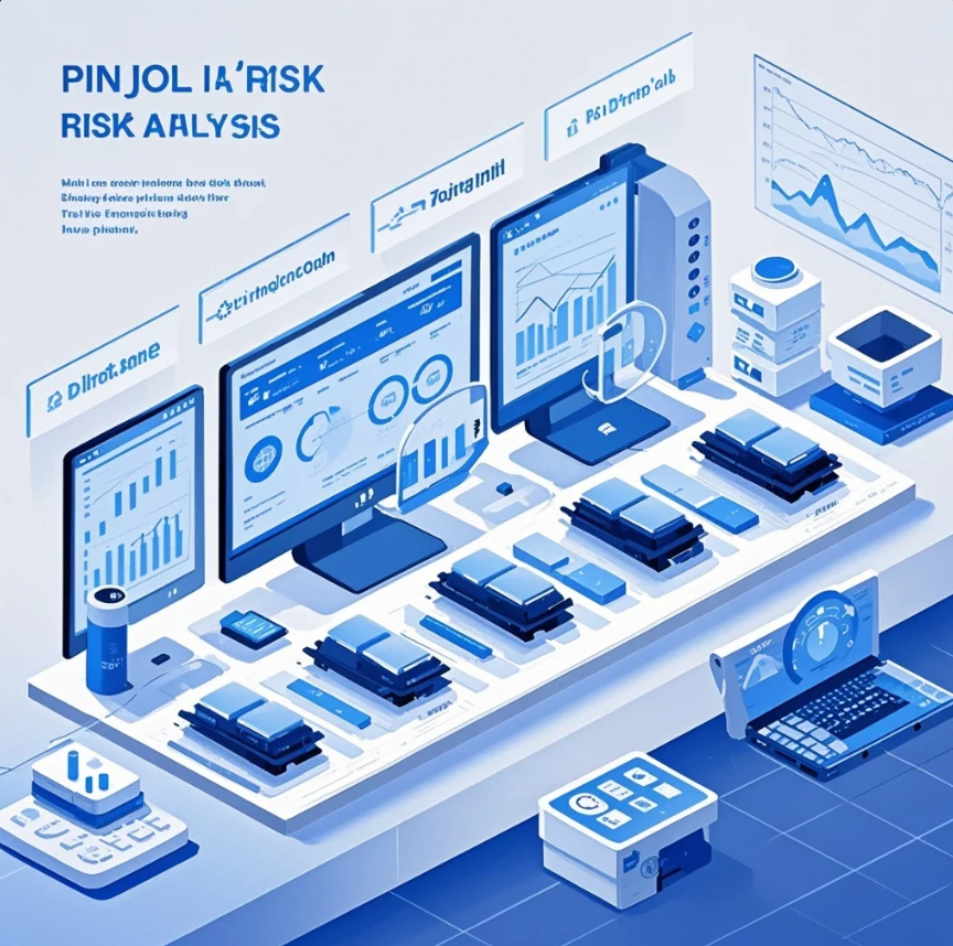 Ilustrasi dashboard analitik dengan grafik risiko kredit dan data peminjam di layar komputer