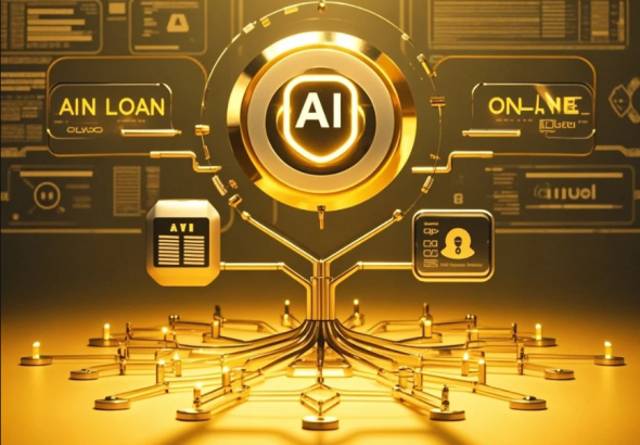 Ilustrasi AI memproses aplikasi pinjaman online melalui laptop dengan latar grafik finansial