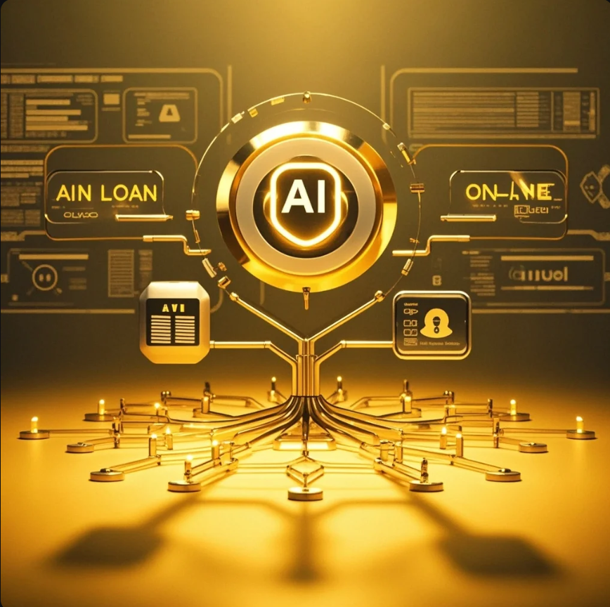 Ilustrasi AI memproses aplikasi pinjaman online melalui laptop dengan latar grafik finansial