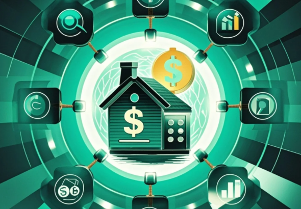 Ilustrasi rantai blok digital di atas dokumen pinjaman dengan ikon kunci keamanan dan grafik transparansi