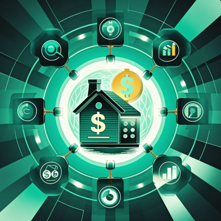 Ilustrasi rantai blok digital di atas dokumen pinjaman dengan ikon kunci keamanan dan grafik transparansi