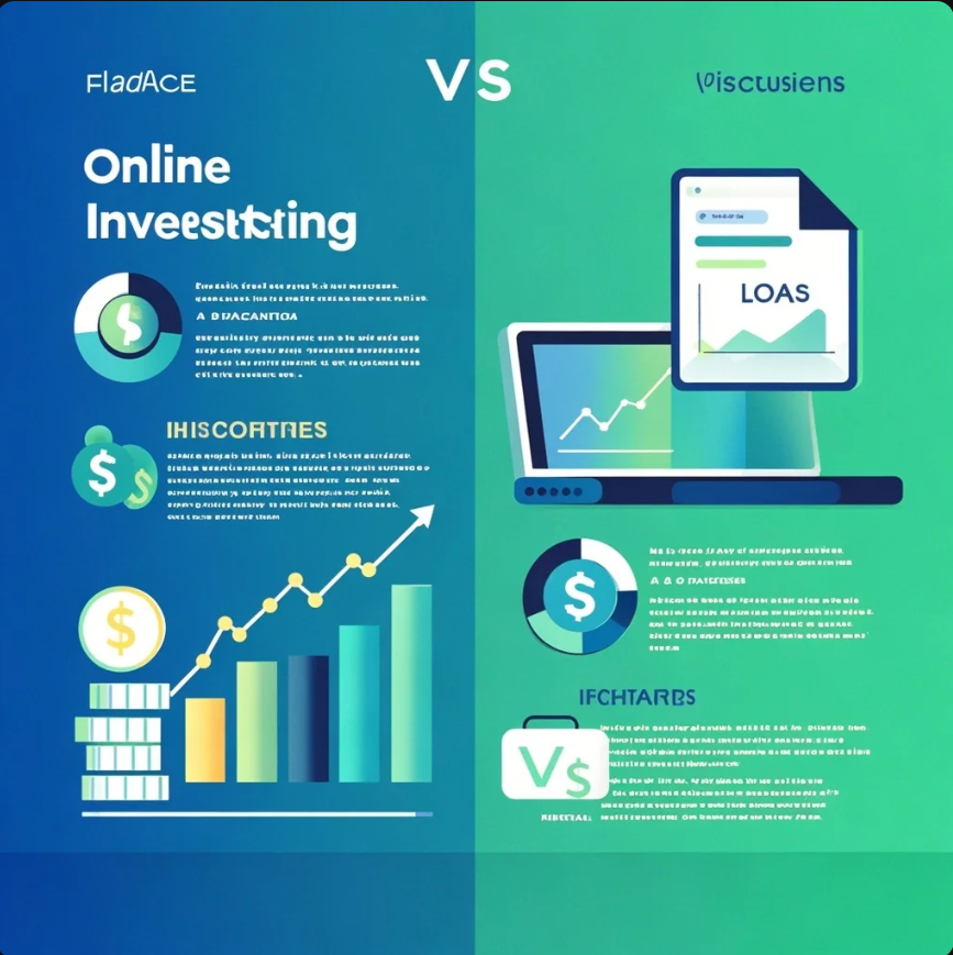 Ilustrasi timbangan finansial antara investasi dan pinjaman online dengan ikon grafik naik dan tagihan.