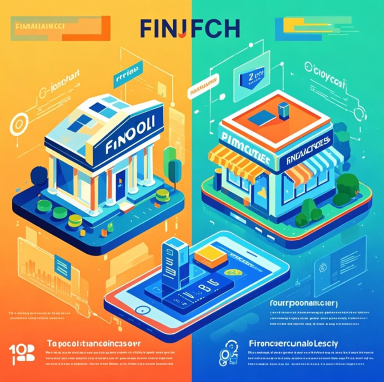 Ilustrasi aplikasi keuangan di smartphone dengan dua label: fintech dan pinjol, serta ikon keamanan dan dokumen regulasi.