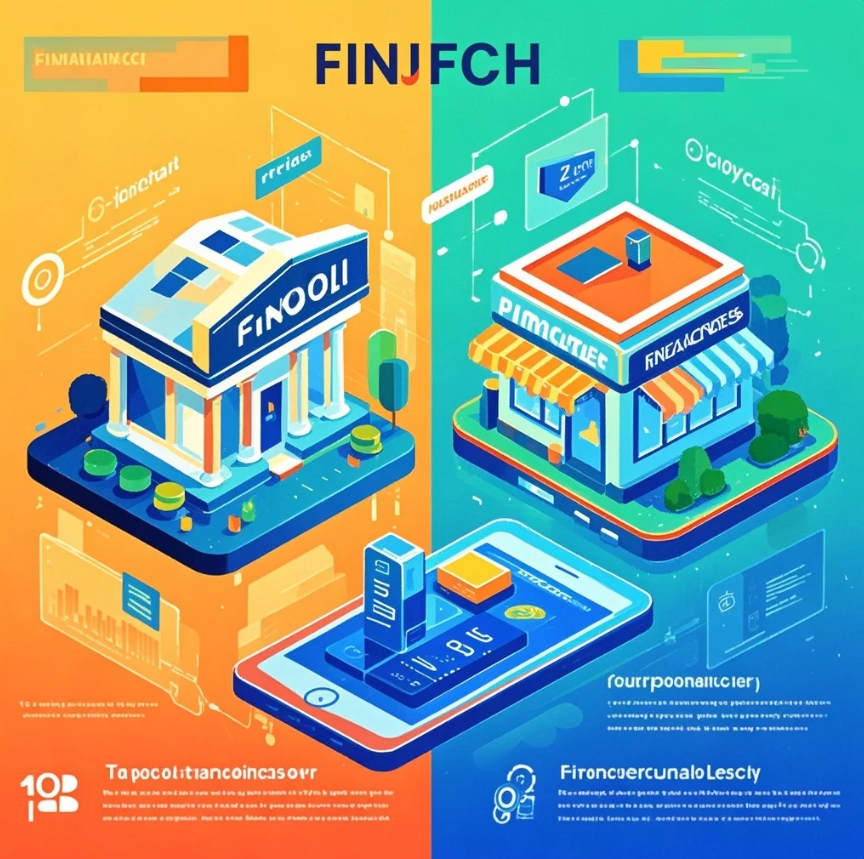 Ilustrasi aplikasi keuangan di smartphone dengan dua label: fintech dan pinjol, serta ikon keamanan dan dokumen regulasi.