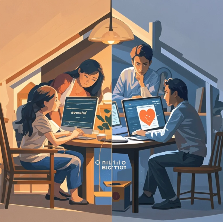 Pasangan berdiskusi serius melihat ponsel dan catatan tagihan, menggambarkan tekanan pinjaman online di keluarga